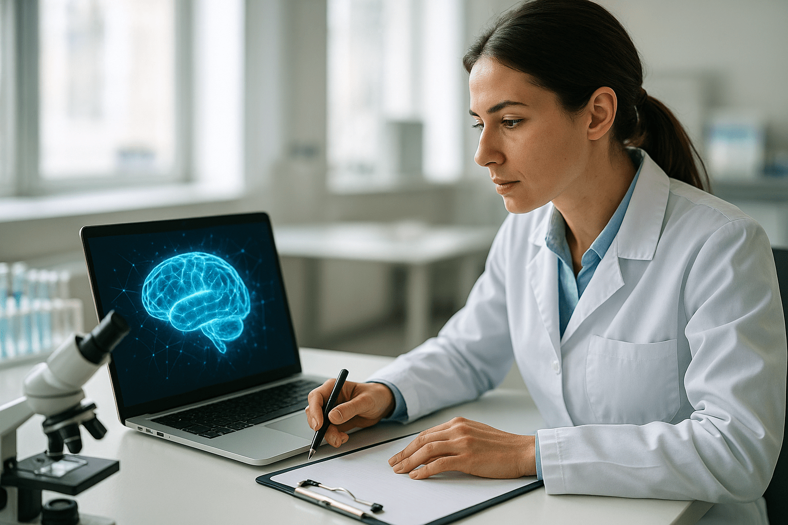 Egy orvos figyelmesen nézi a laptopján megjelenő mesterséges intelligencia grafikont.