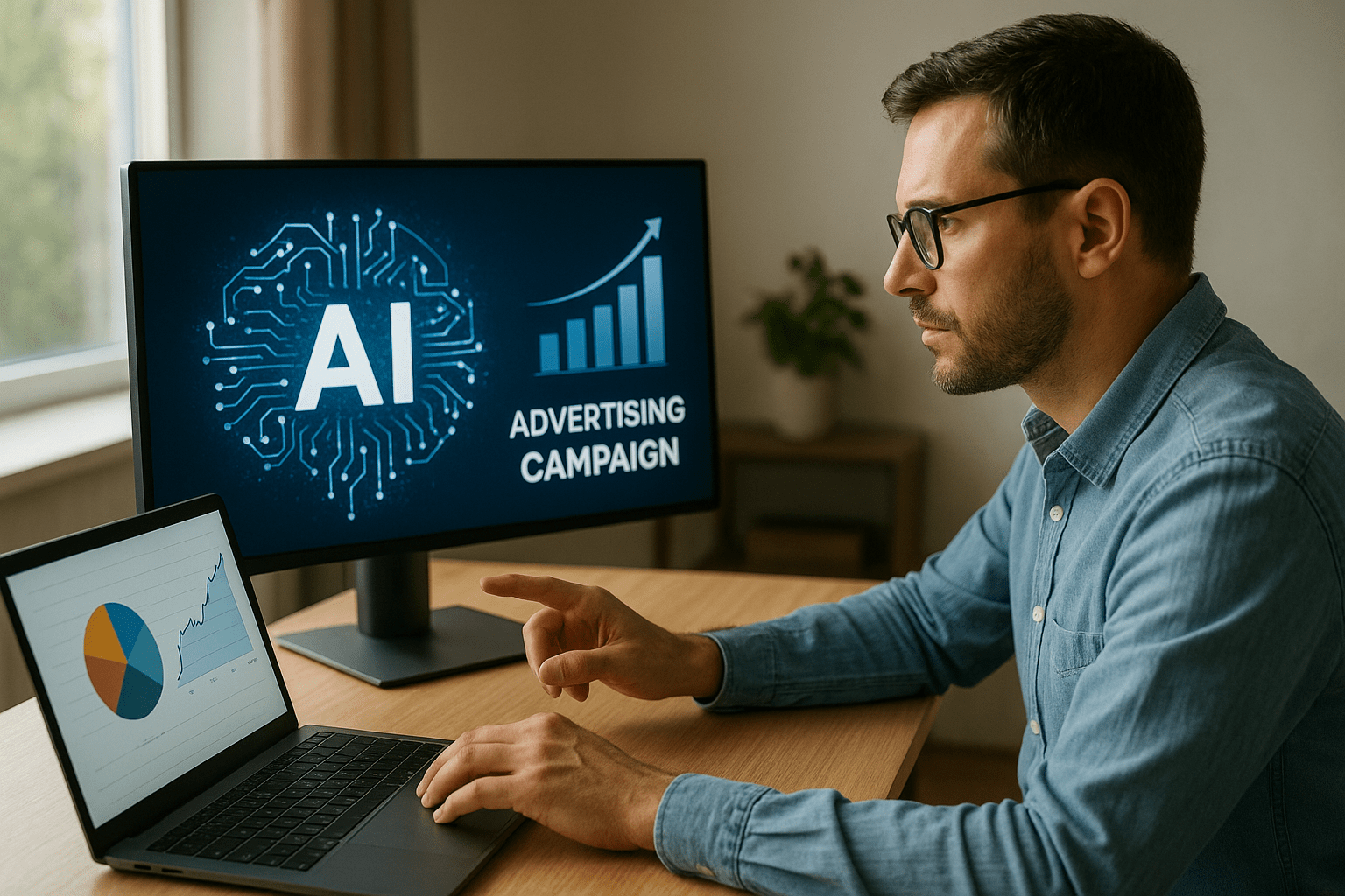 Egy férfi laptopján és monitorján AI alapú reklámkampányok elemzése látható.