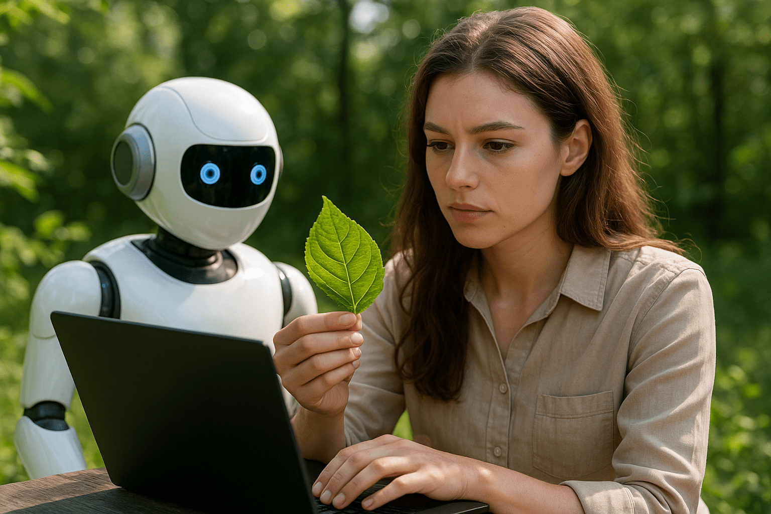 Egy nő egy laptop előtt ül, kezében egy levéllel, mögötte egy robot.