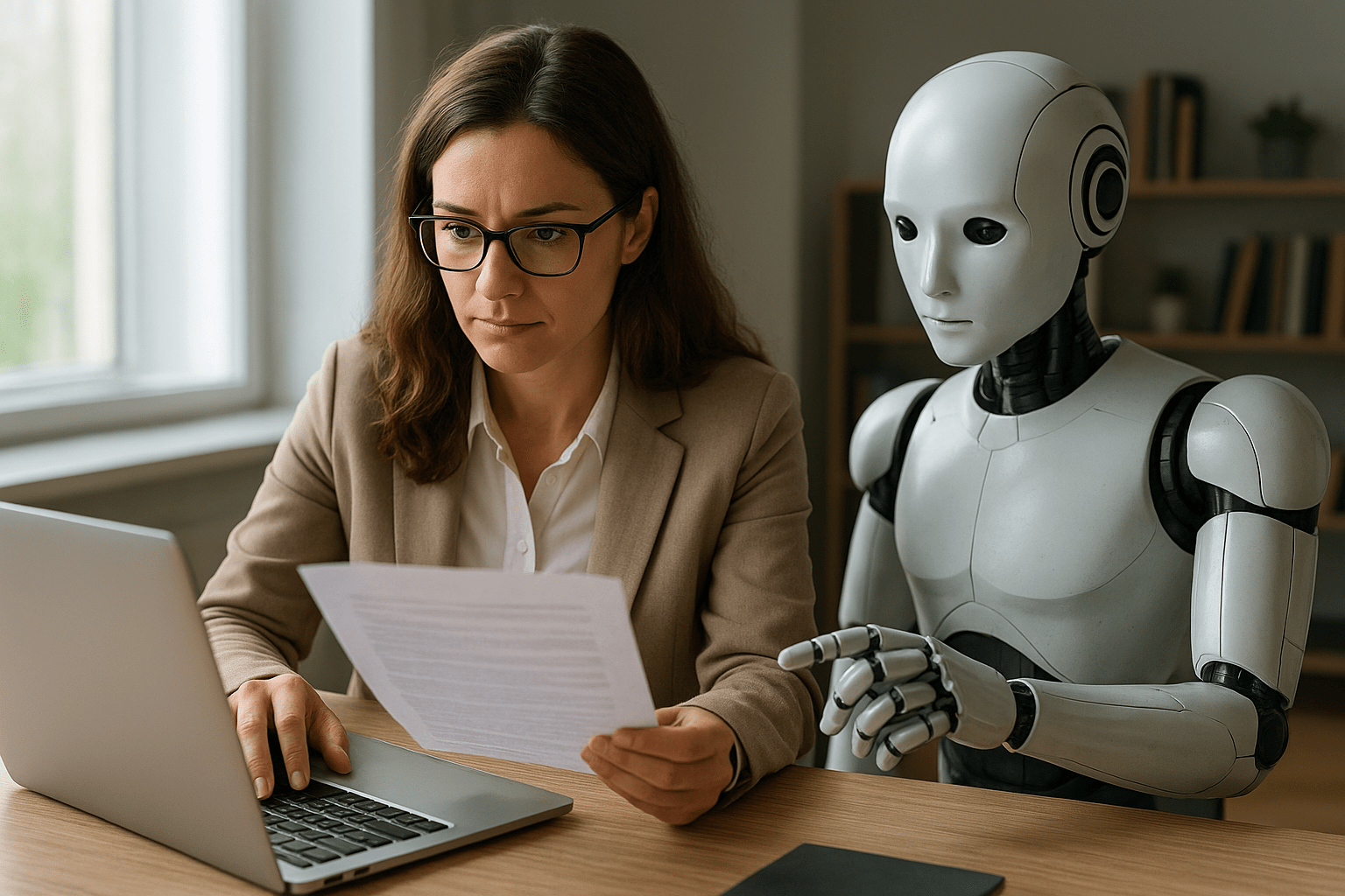 Egy nő számítógép előtt ül, míg egy robot figyeli a dokumentumot.