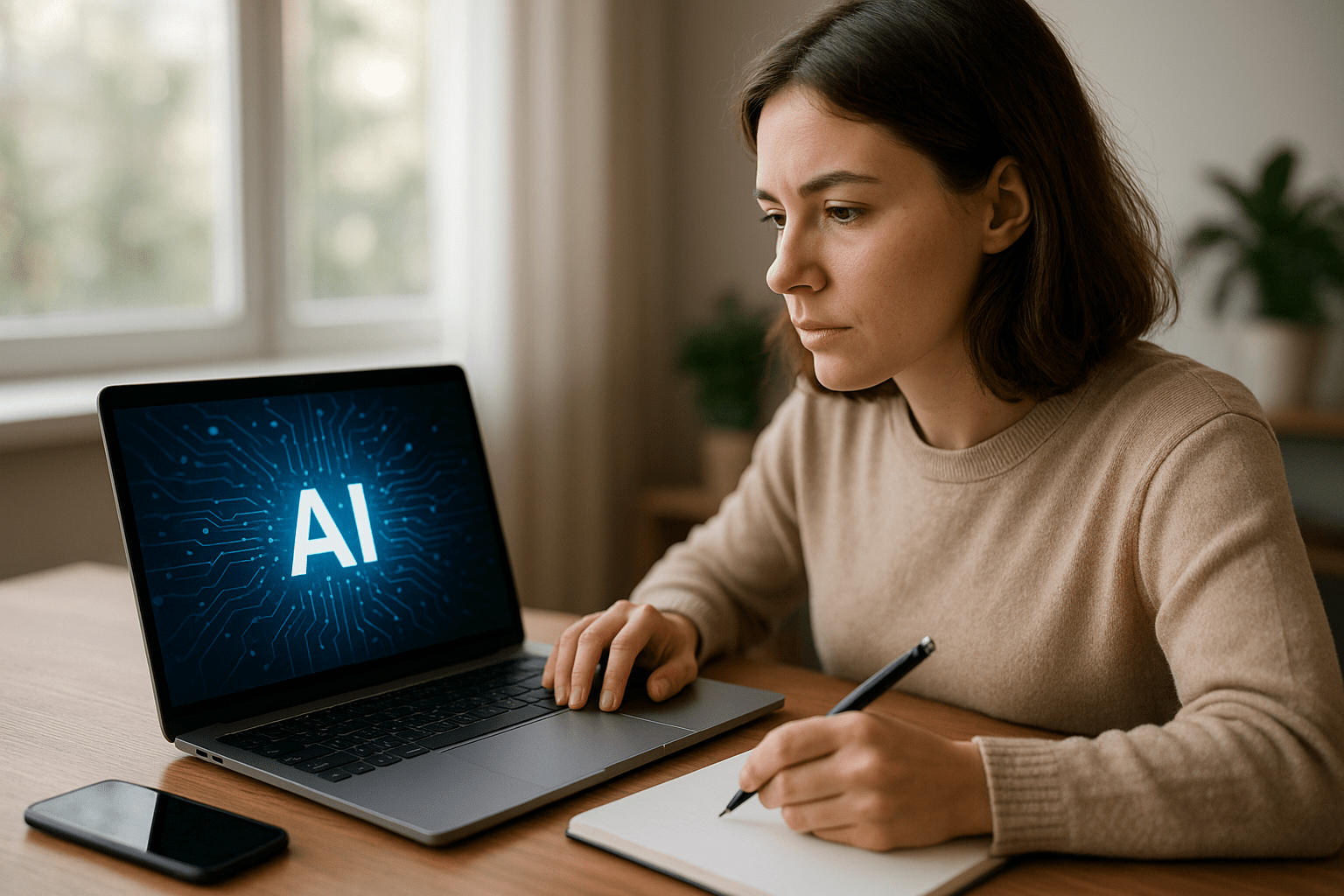 Egy nő figyelmesen dolgozik a laptopján, amelyen az AI felirat látható.