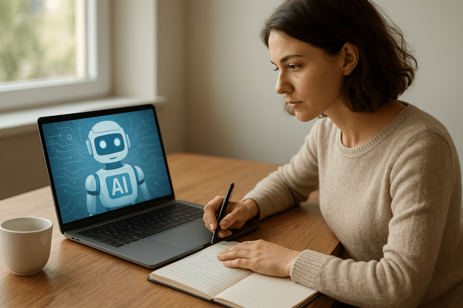 Egy nő jegyzetel laptop előtt, amelyen egy AI robot látható.