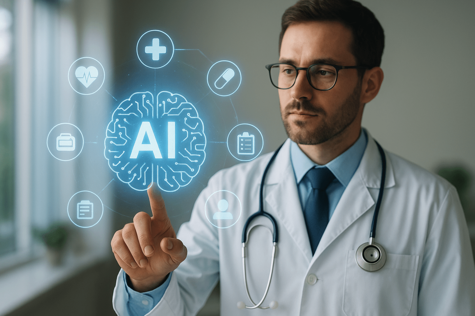 Orvos, aki az AI technológiát használja az egészségügyi adatok elemzésére.