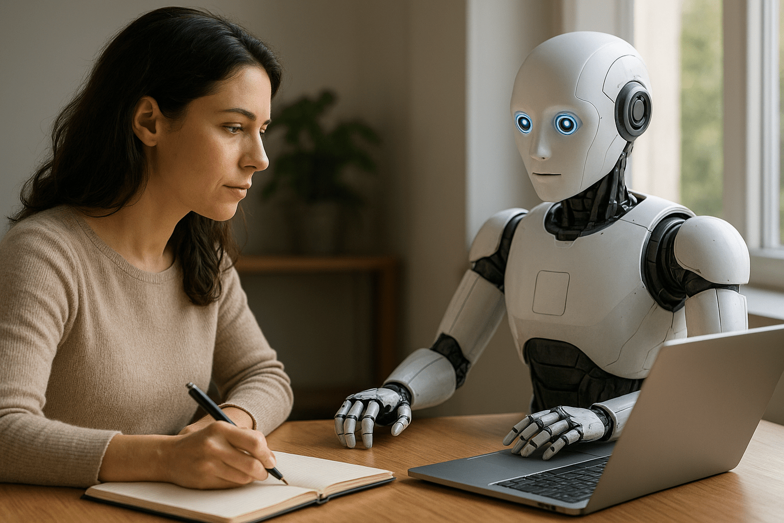 Egy nő jegyzetel, miközben egy humanoid robot figyeli őt.