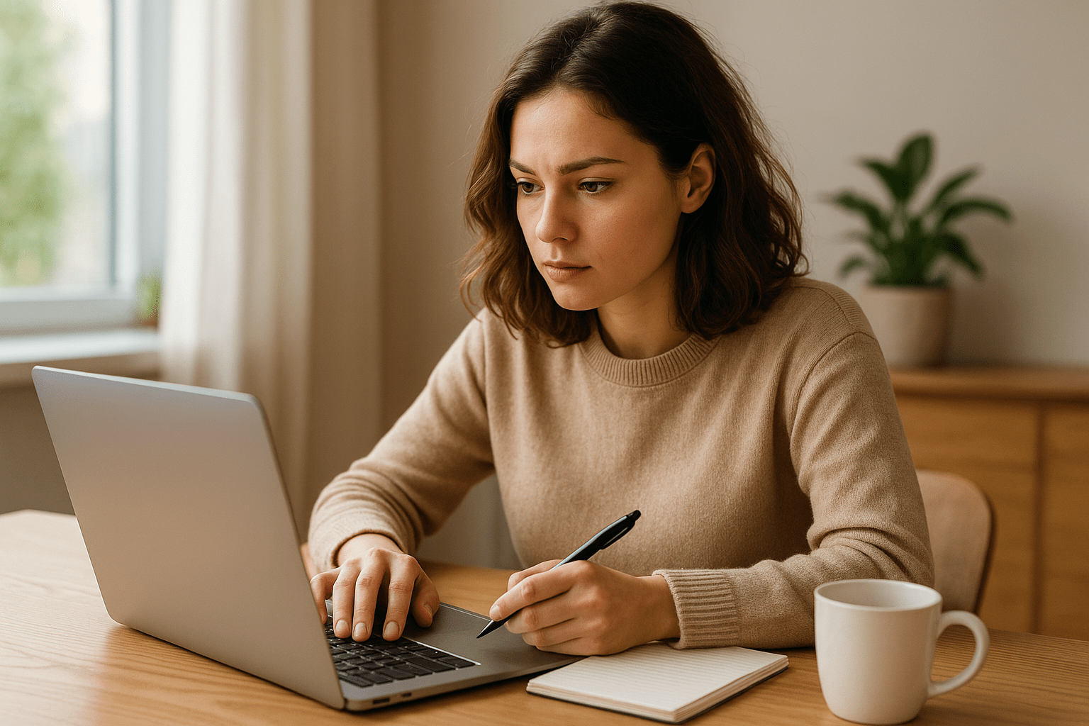 Egy fiatal nő koncentráltan gépel egy laptopon, jegyzetel egy füzetbe.