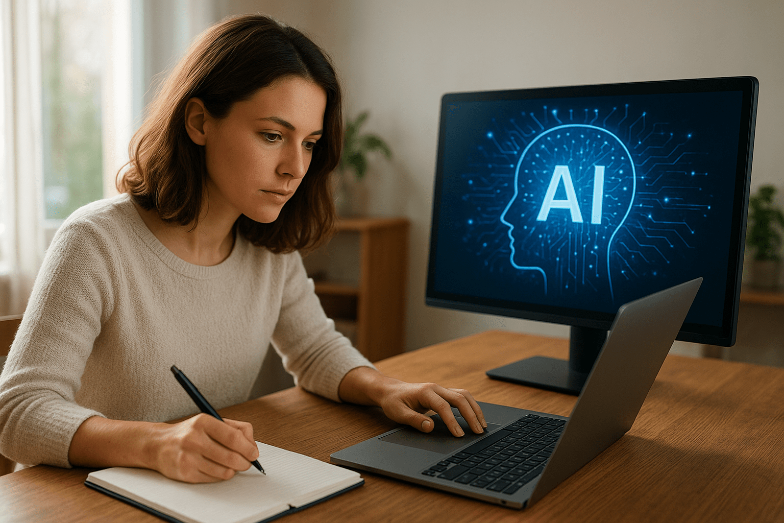 Egy fiatal nő jegyzetel, miközben az AI technológiát használja a számítógépén.