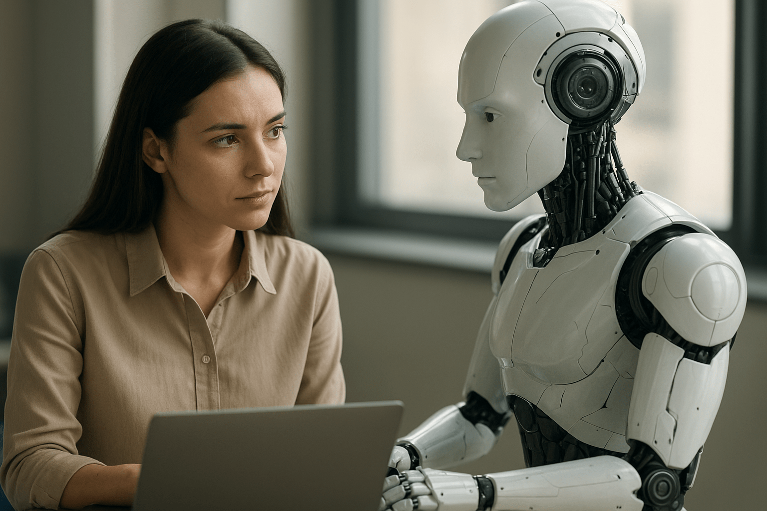 Egy nő és egy humanoid robot ülnek egy asztalnál, laptop előtt.