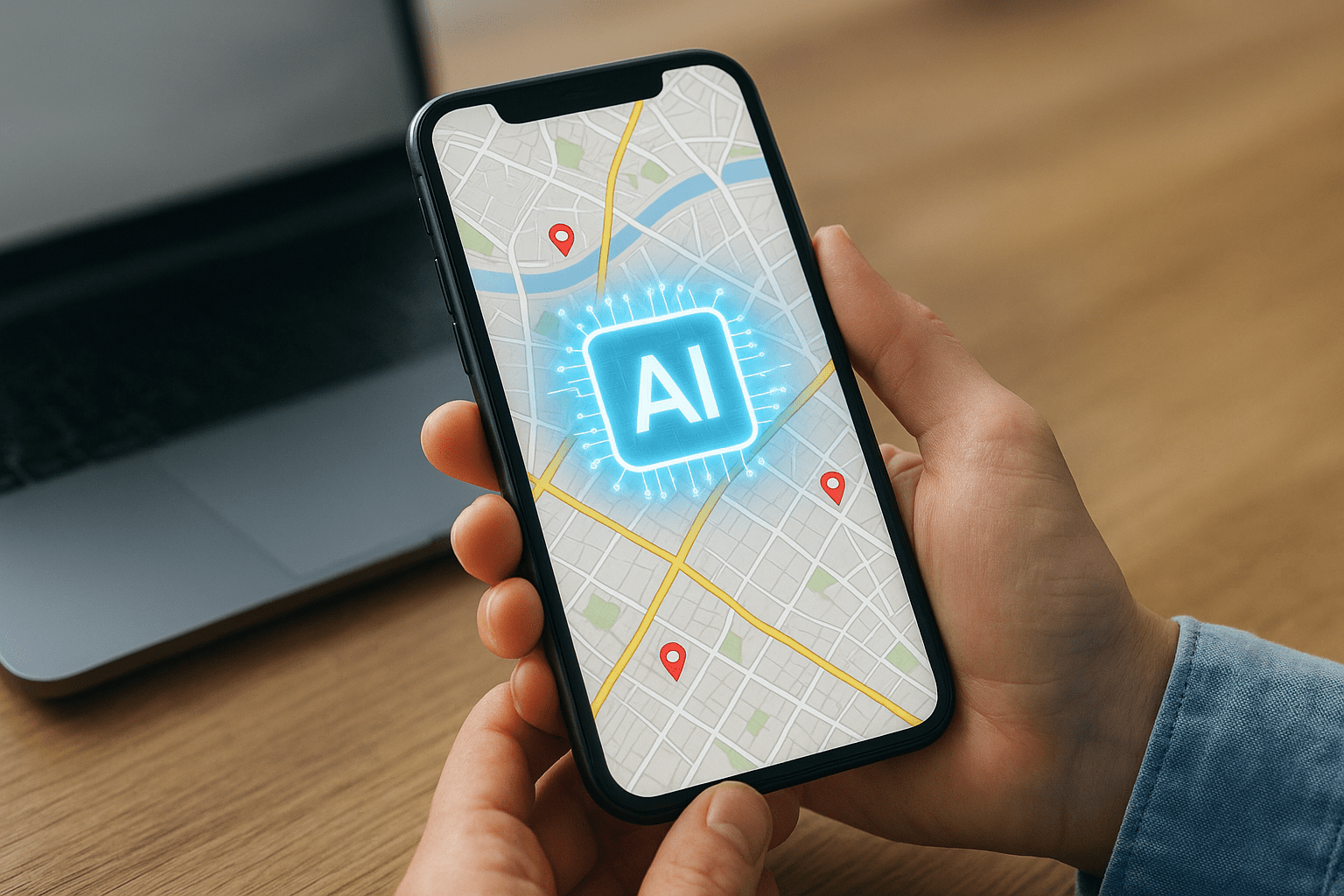 Okostelefonon látható digitális térkép AI jelzéssel, helymeghatározással.