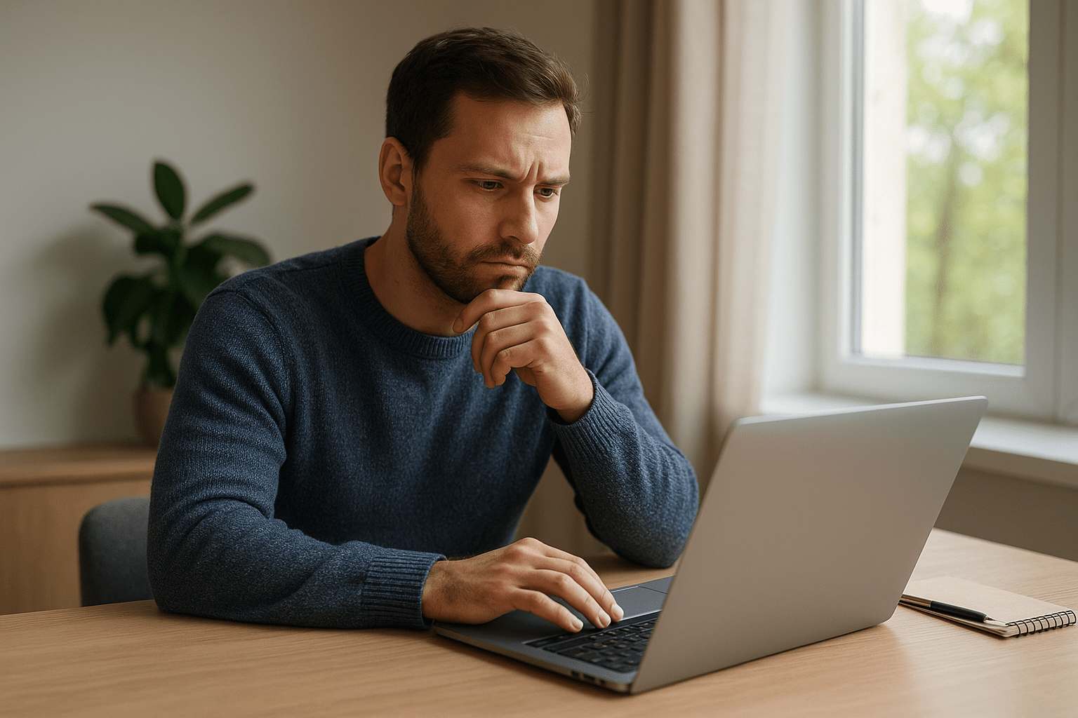 Egy férfi gondolkodva néz egy laptop képernyőjére, kreatív ötleteken dolgozik.