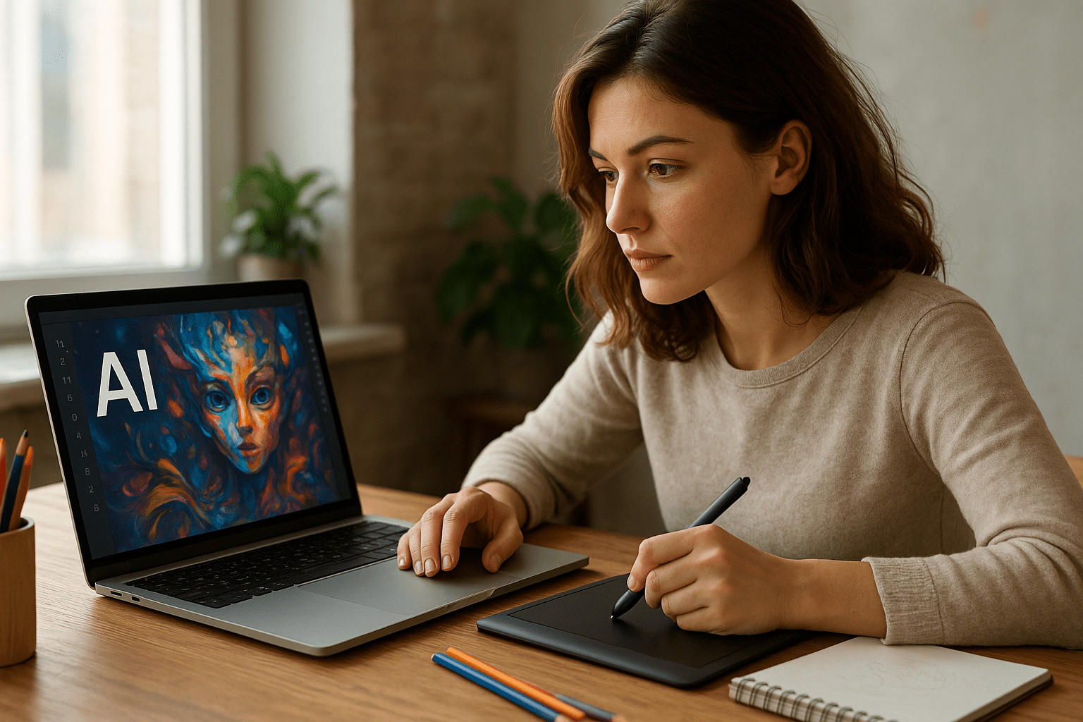 Egy fiatal nő digitális rajzoló táblán dolgozik, laptopján AI művészet látható.