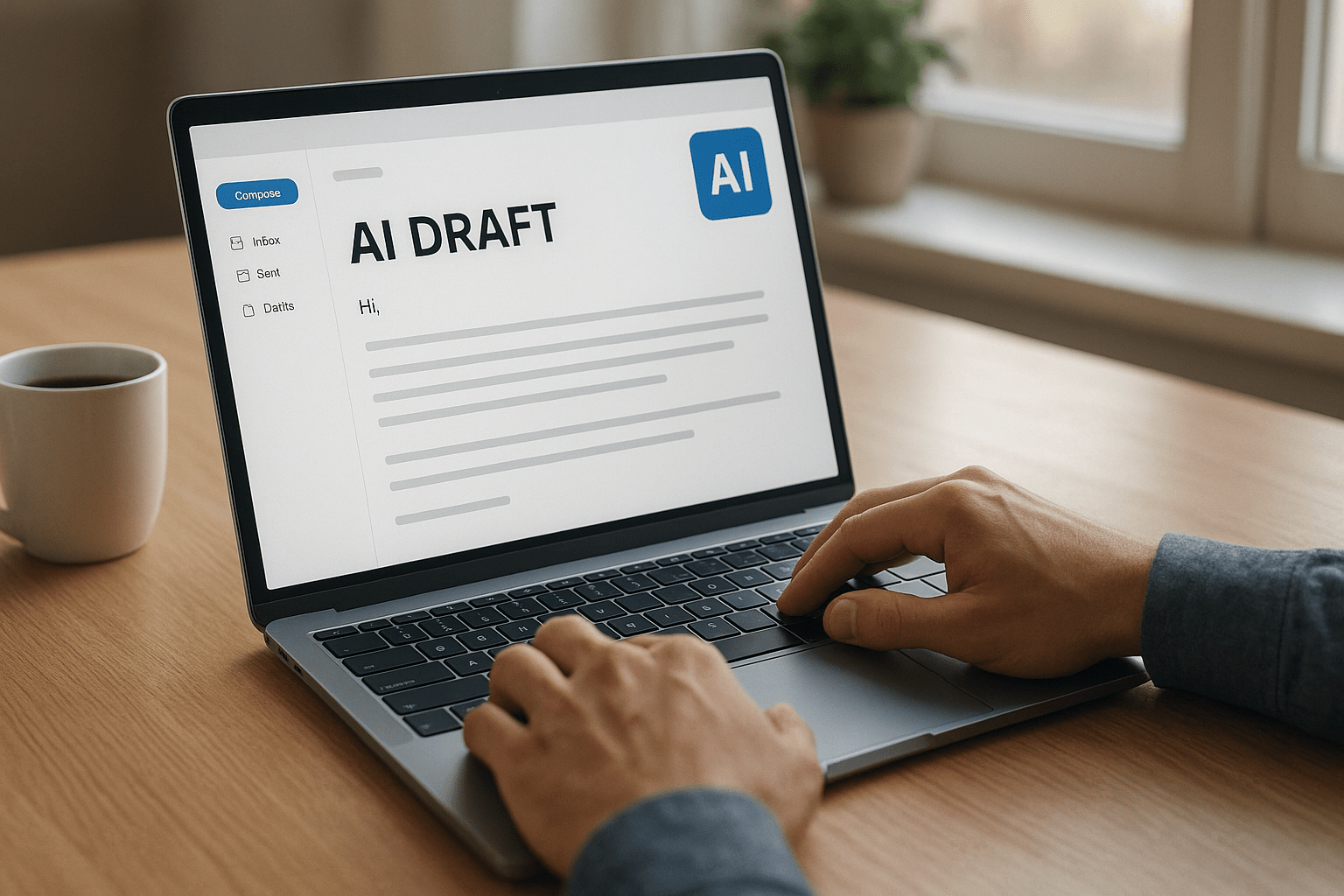 Egy laptop képernyőjén AI által generált e-mail tervezet látható.