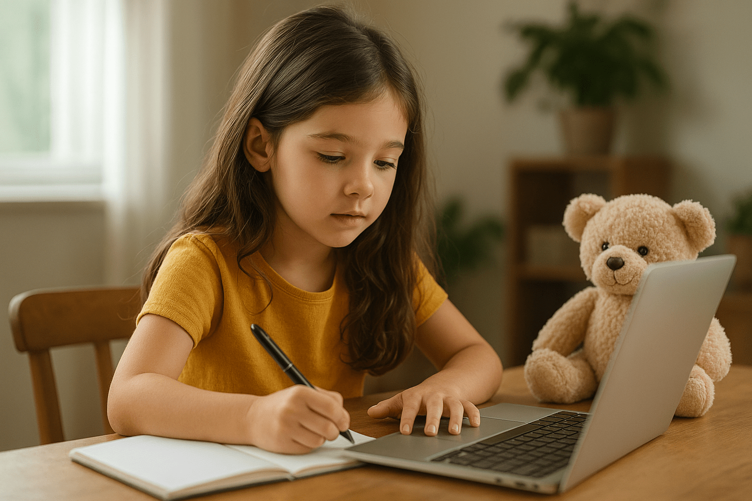 Egy kisgyerek ír egy jegyzetfüzetbe, miközben a laptopján dolgozik.