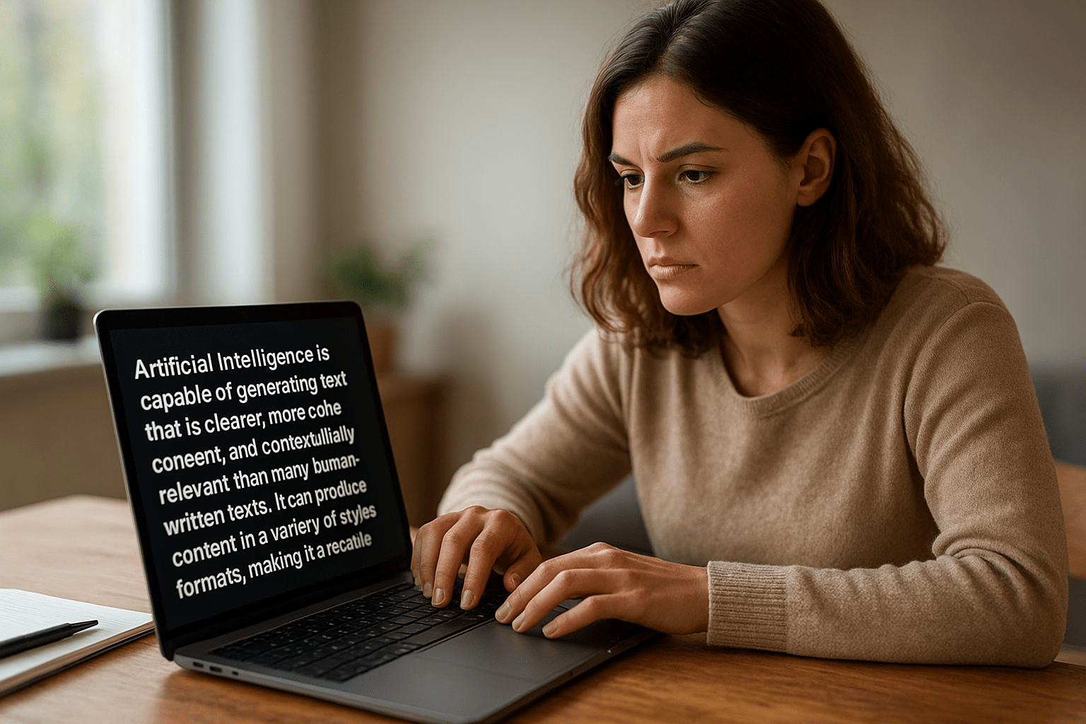 Egy nő figyelmesen gépel egy laptopon, amelyen AI szövegírásról van szó.