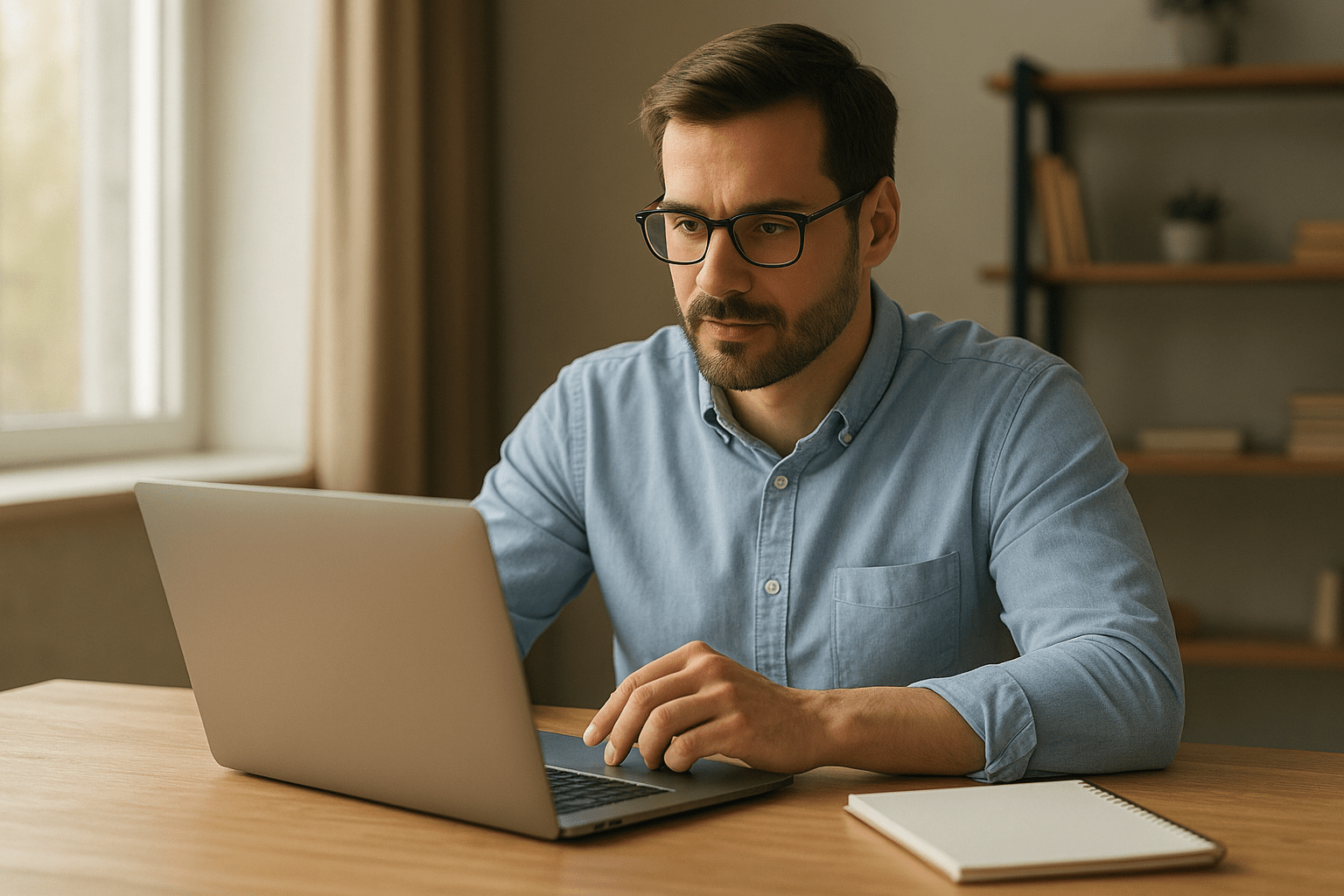 Egy férfi laptop előtt ülve dolgozik, koncentráltan néz a képernyőre.