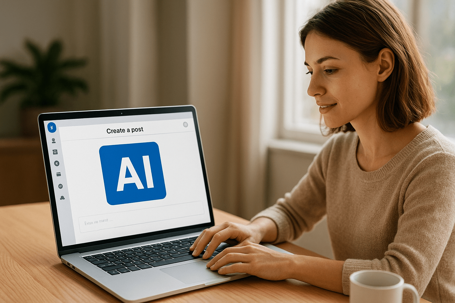 Egy nő a laptopján AI segítségével Facebook posztot készít.
