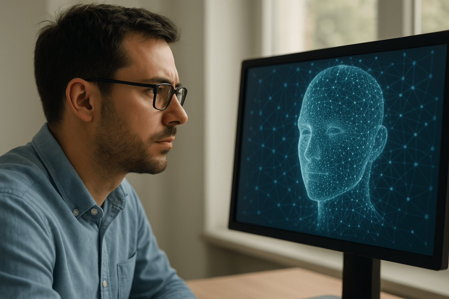 Egy férfi figyelmesen néz egy számítógép képernyőjére, amelyen egy digitális arc látható.