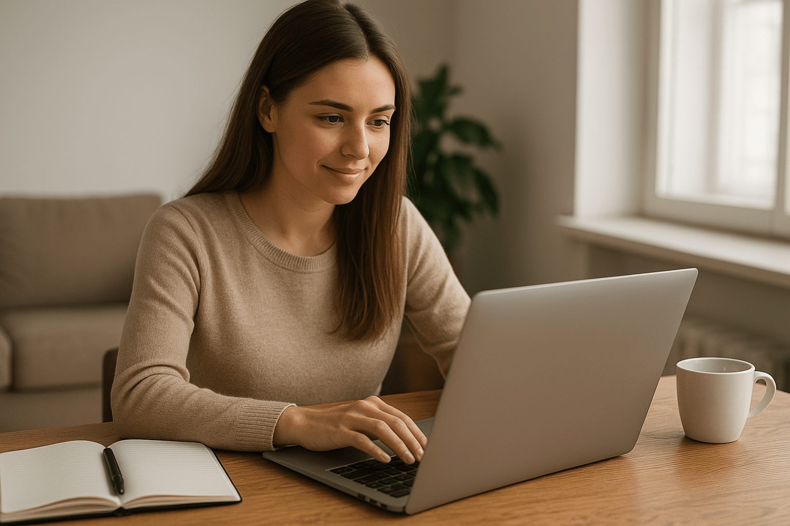 Egy fiatal nő a laptopján dolgozik, jegyzetfüzettel és bögrével az asztalon.