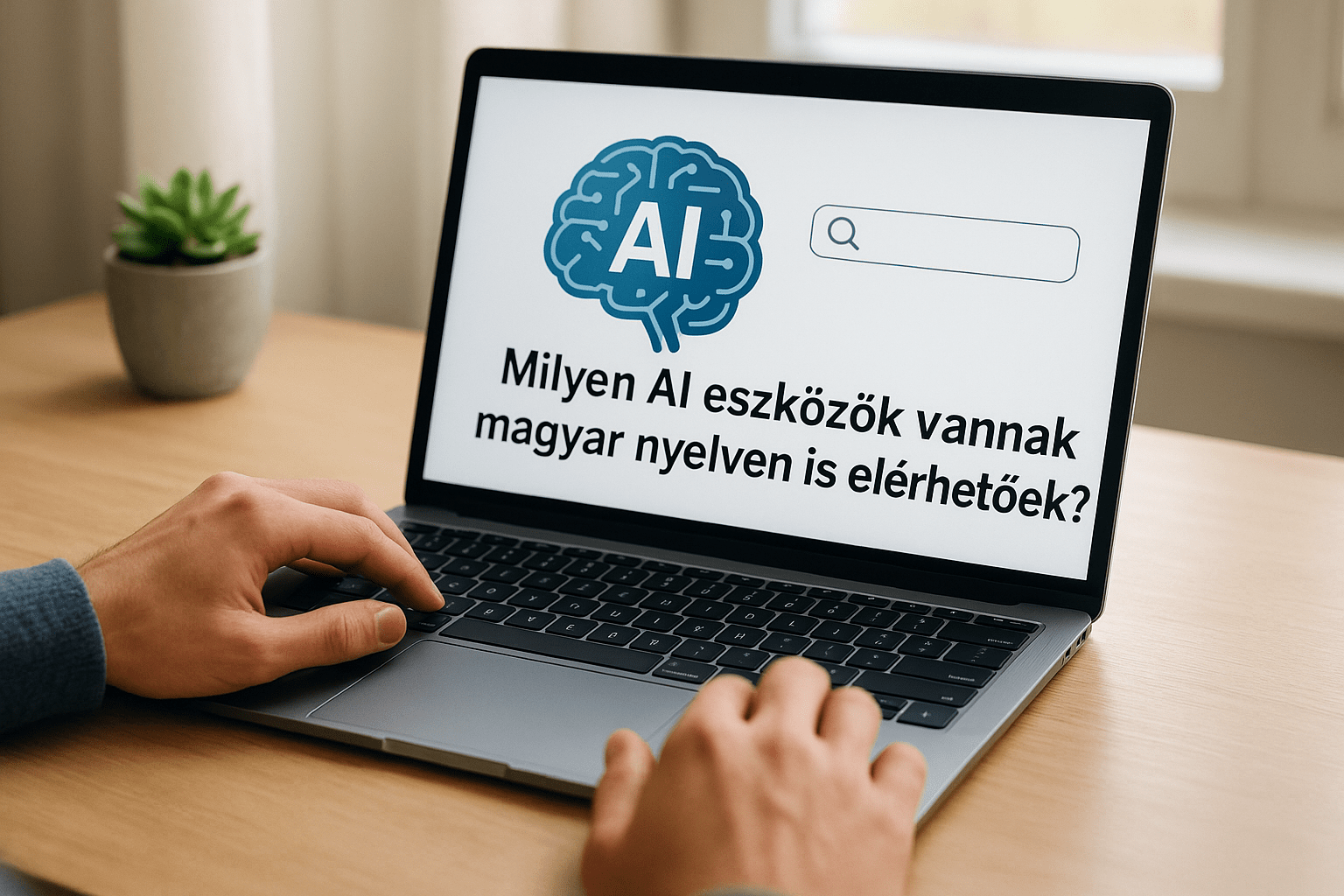 Egy laptop képernyőjén AI eszközökről szóló kérdés látható.