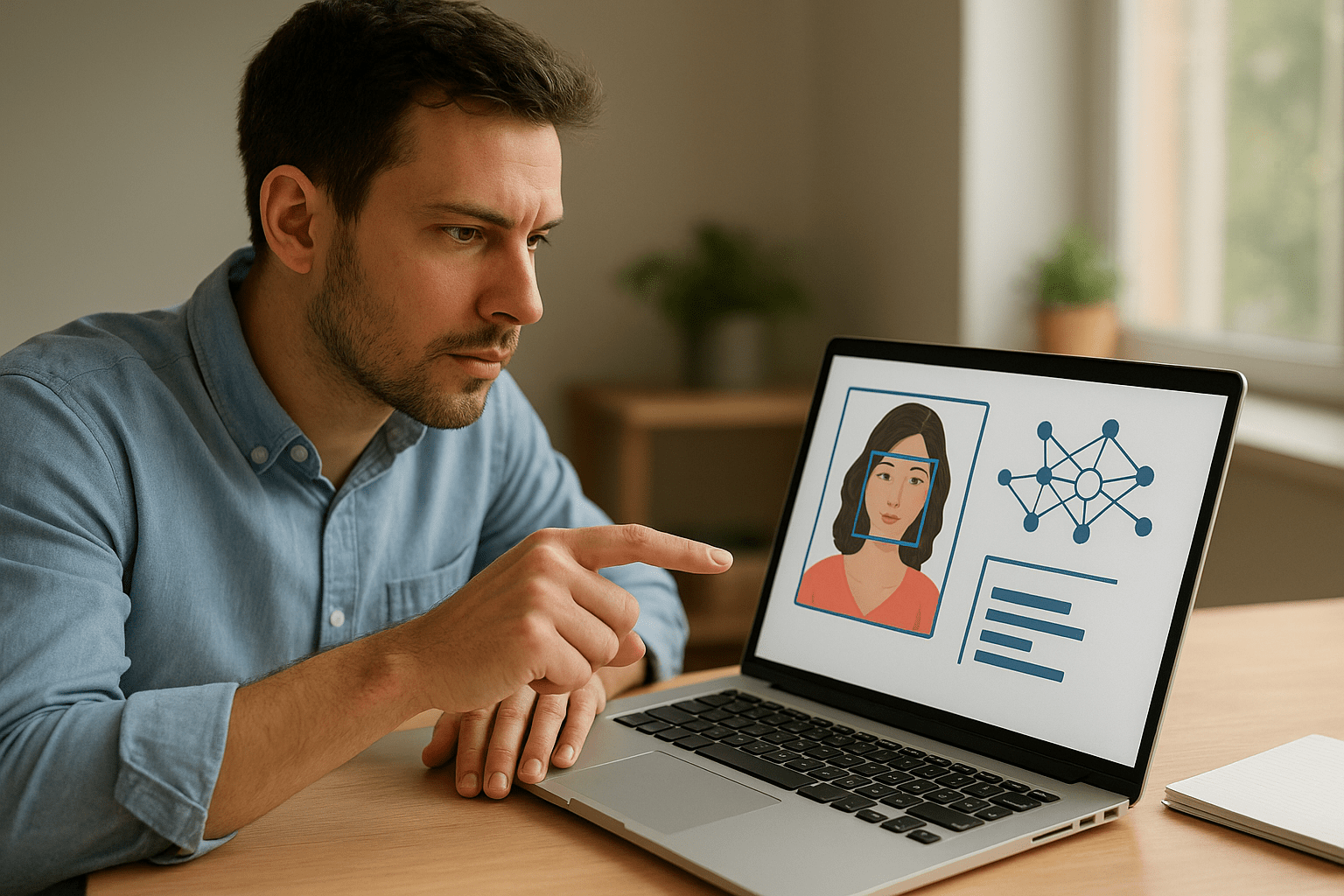 Egy férfi figyelmesen nézi a laptopján megjelenő AI képfelismerést bemutató grafikont.