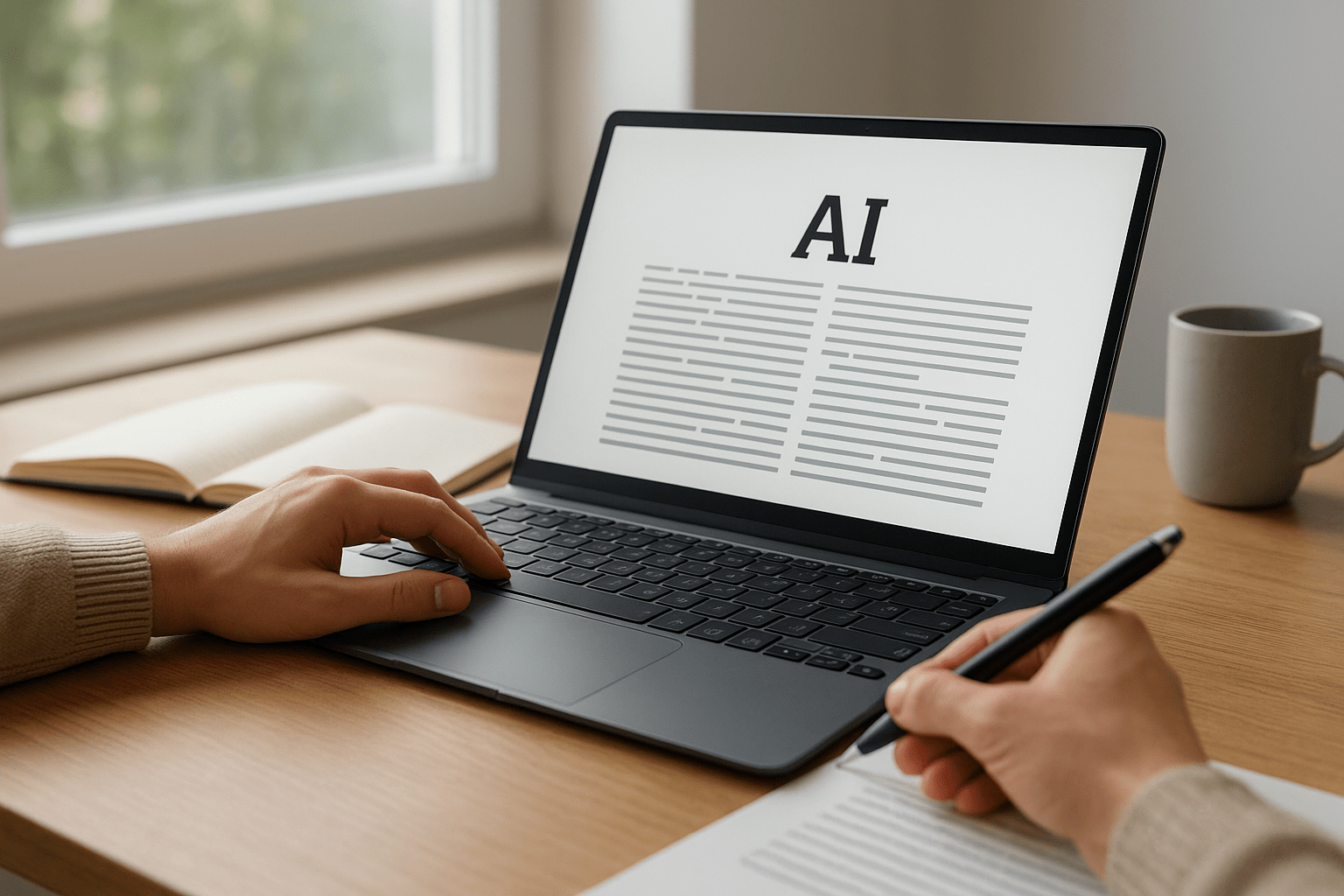 Egy laptop képernyőjén az AI felirat látható, miközben egy kéz gépel.