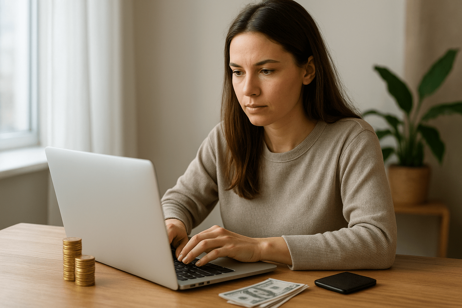 Egy nő laptopon dolgozik, mellette pénzérmék és bankjegyek láthatók.