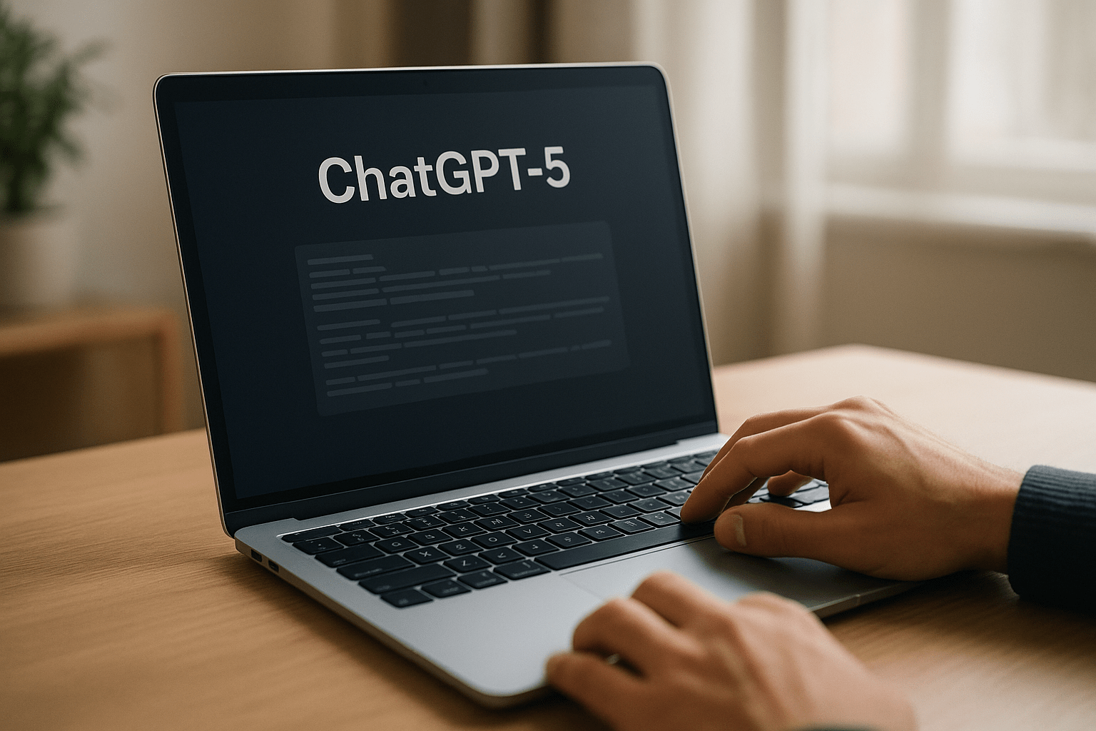 Egy felhasználó keze a laptop billentyűzetén, a képernyőn a ChatGPT-5 felirat látható.