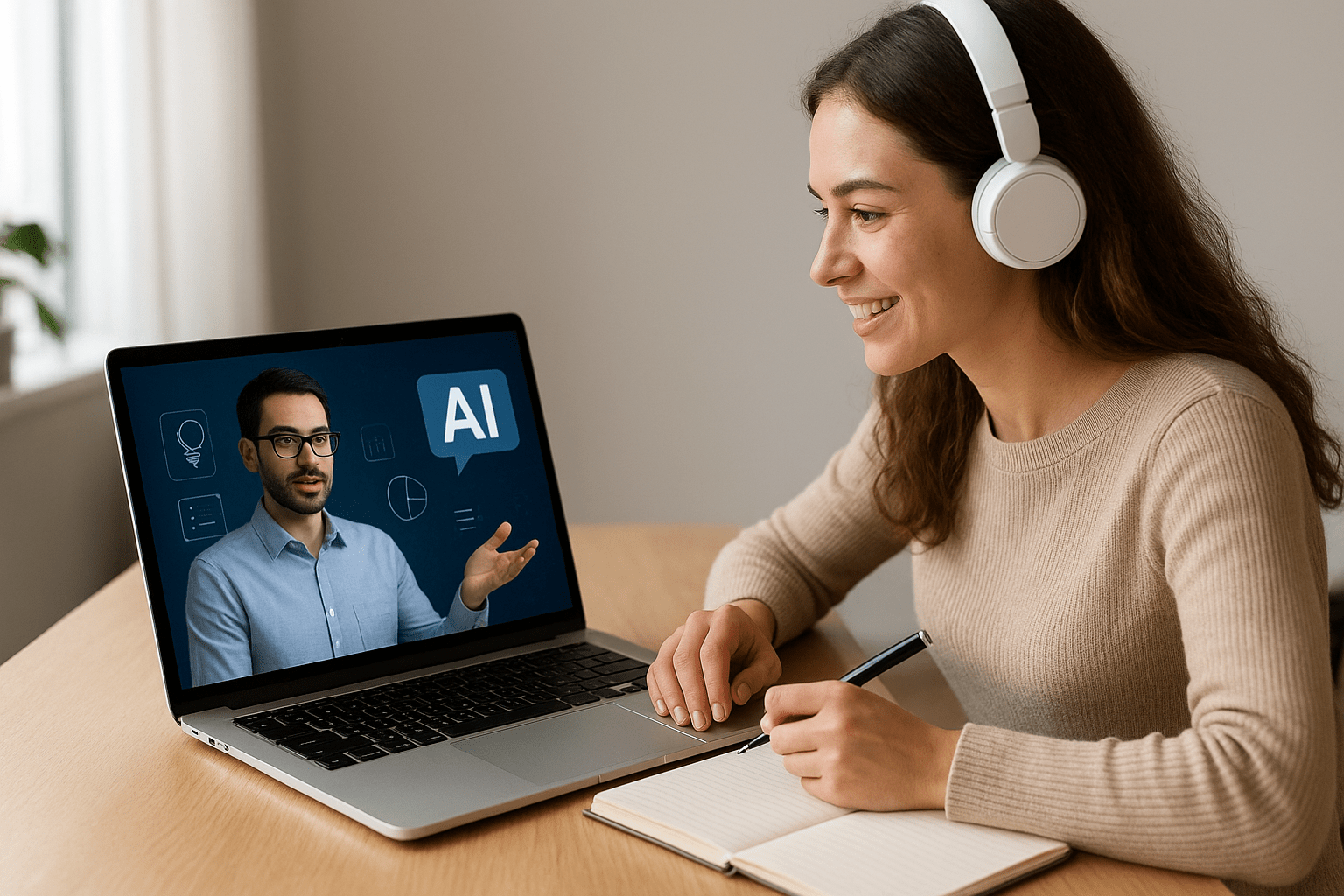 Egy fiatal nő online oktatás során figyel egy laptop képernyőjére, ahol AI-ról beszélnek.