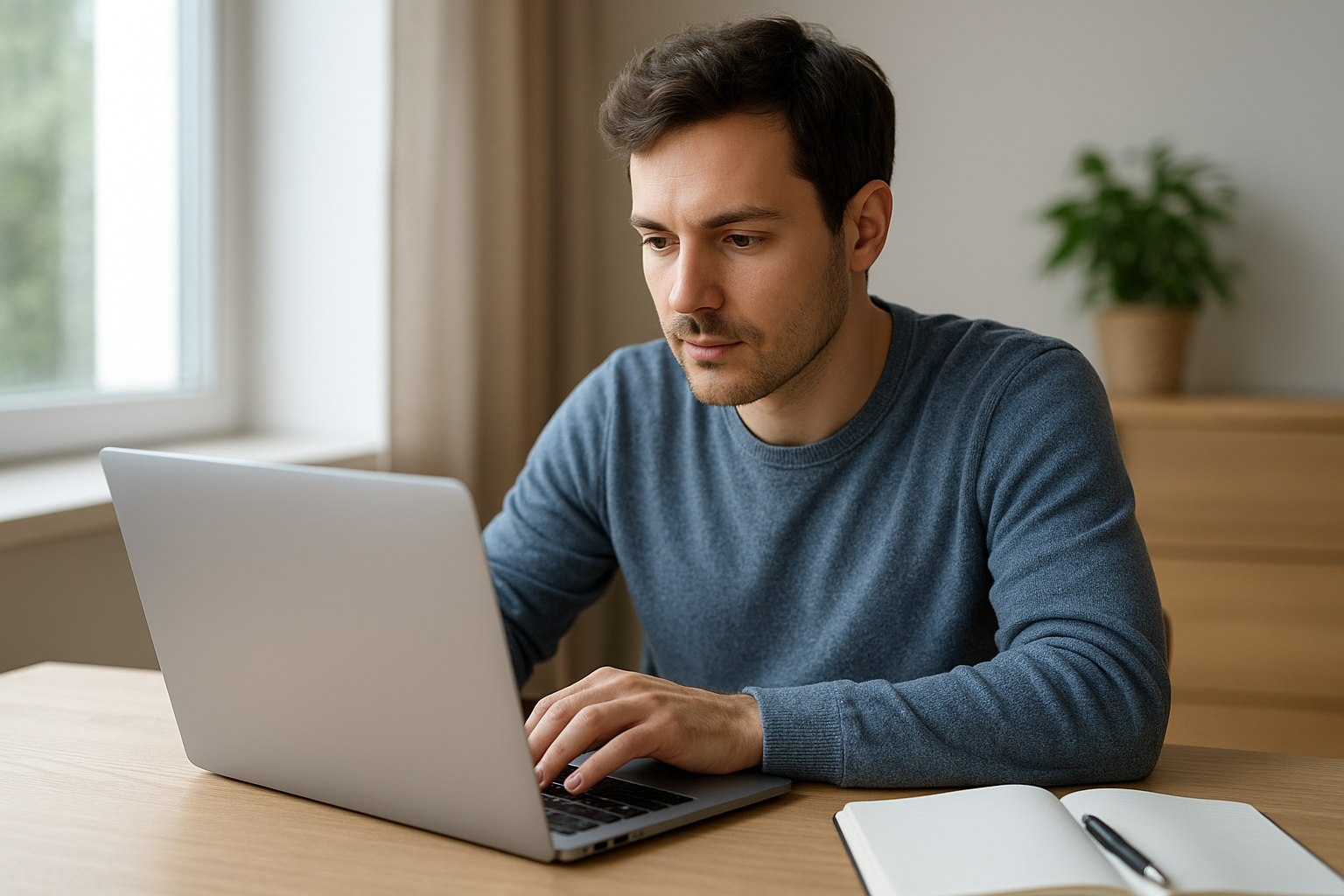 Egy fiatal férfi a laptopján dolgozik, figyelmesen nézve a képernyőt.