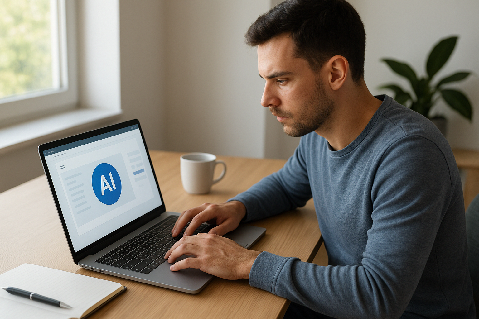 Egy férfi laptopon dolgozik, az AI logó látható a képernyőn.