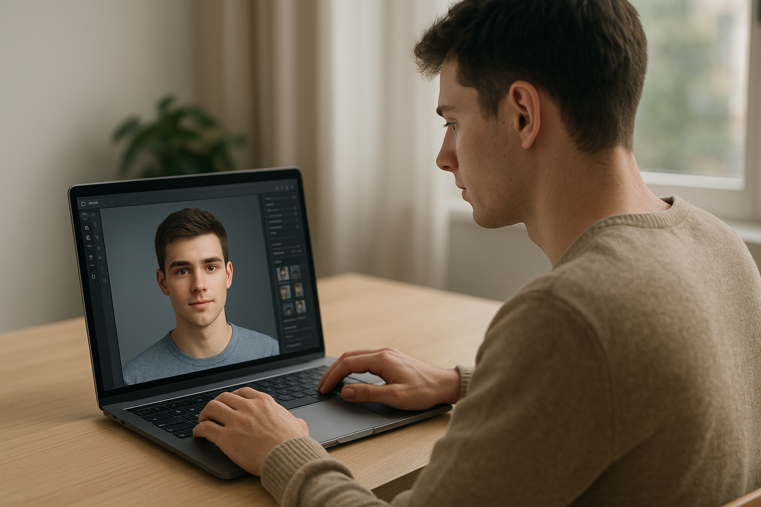 Egy fiatal férfi számítógép előtt ül, digitális avatárt készít.