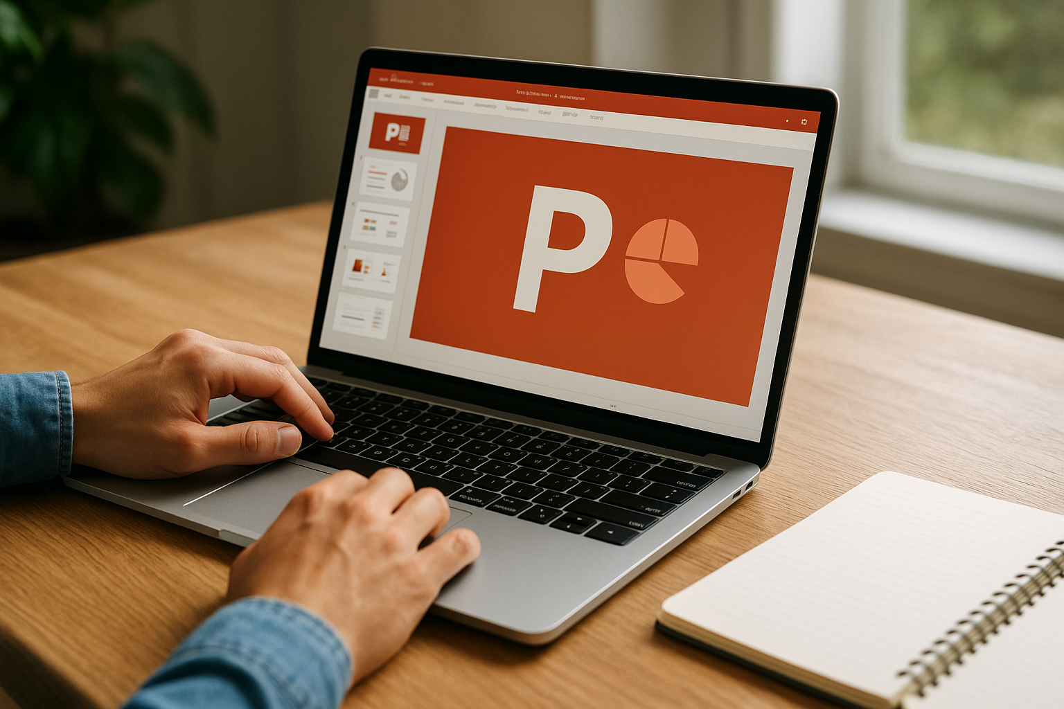 Egy laptopon PowerPoint prezentáció készül, a képernyőn grafikai elemek láthatók.