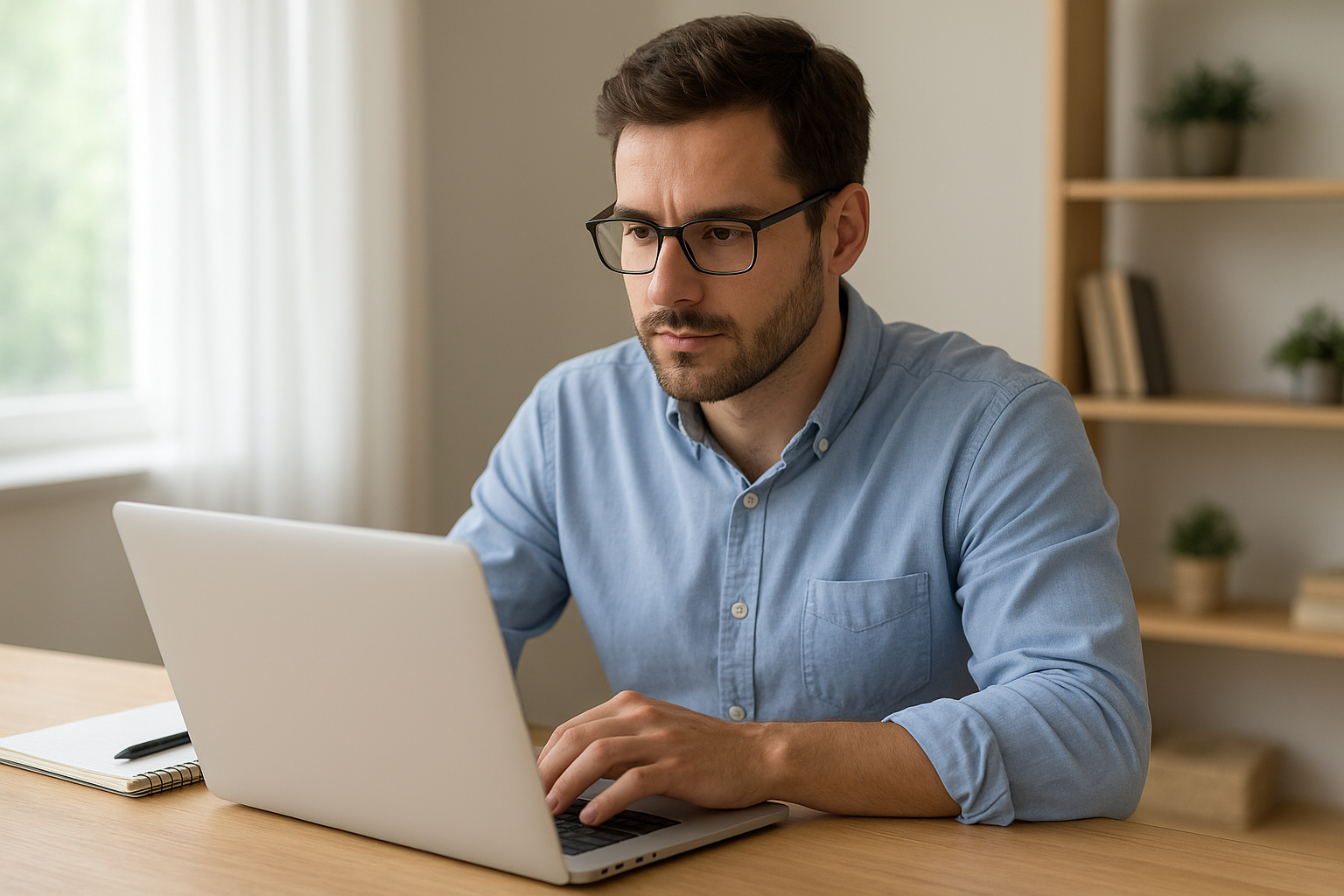 Egy fiatal férfi laptop előtt ül, figyelmesen dolgozik a mesterséges intelligencia témáján.