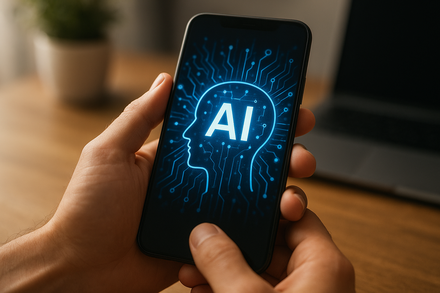 Egy kéz tart egy okostelefont, amelyen az AI szimbólum látható, háttérben digitális áramkörök.