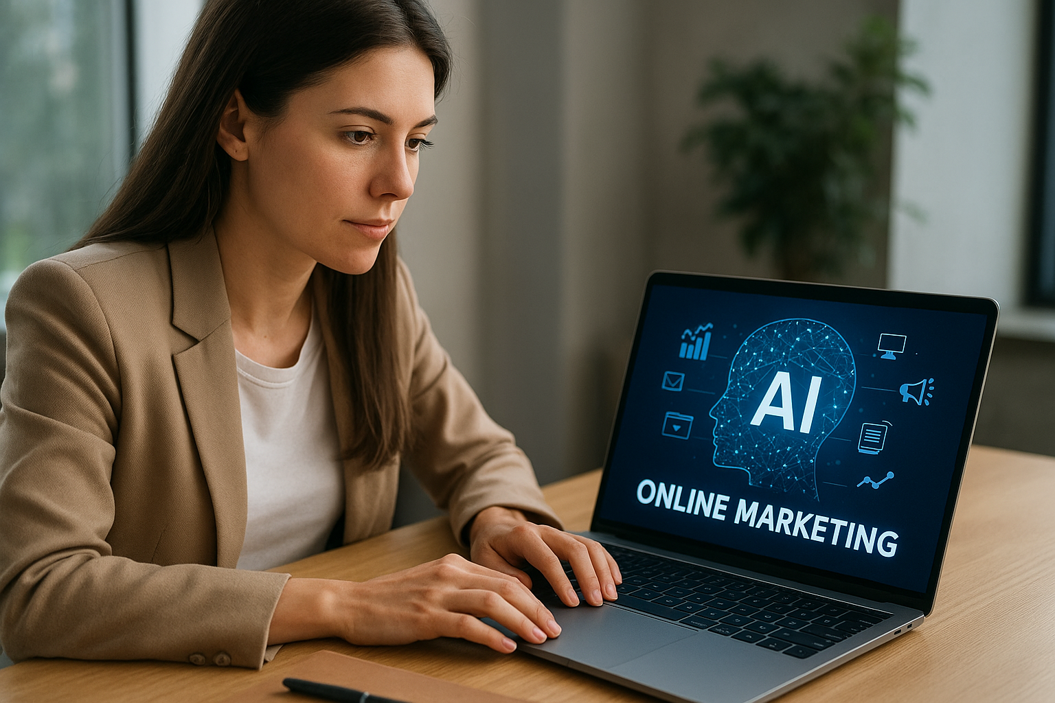 Egy nő figyelmesen nézi a laptopját, amelyen mesterséges intelligencia és online marketing kapcsolódó grafikák láthatók.