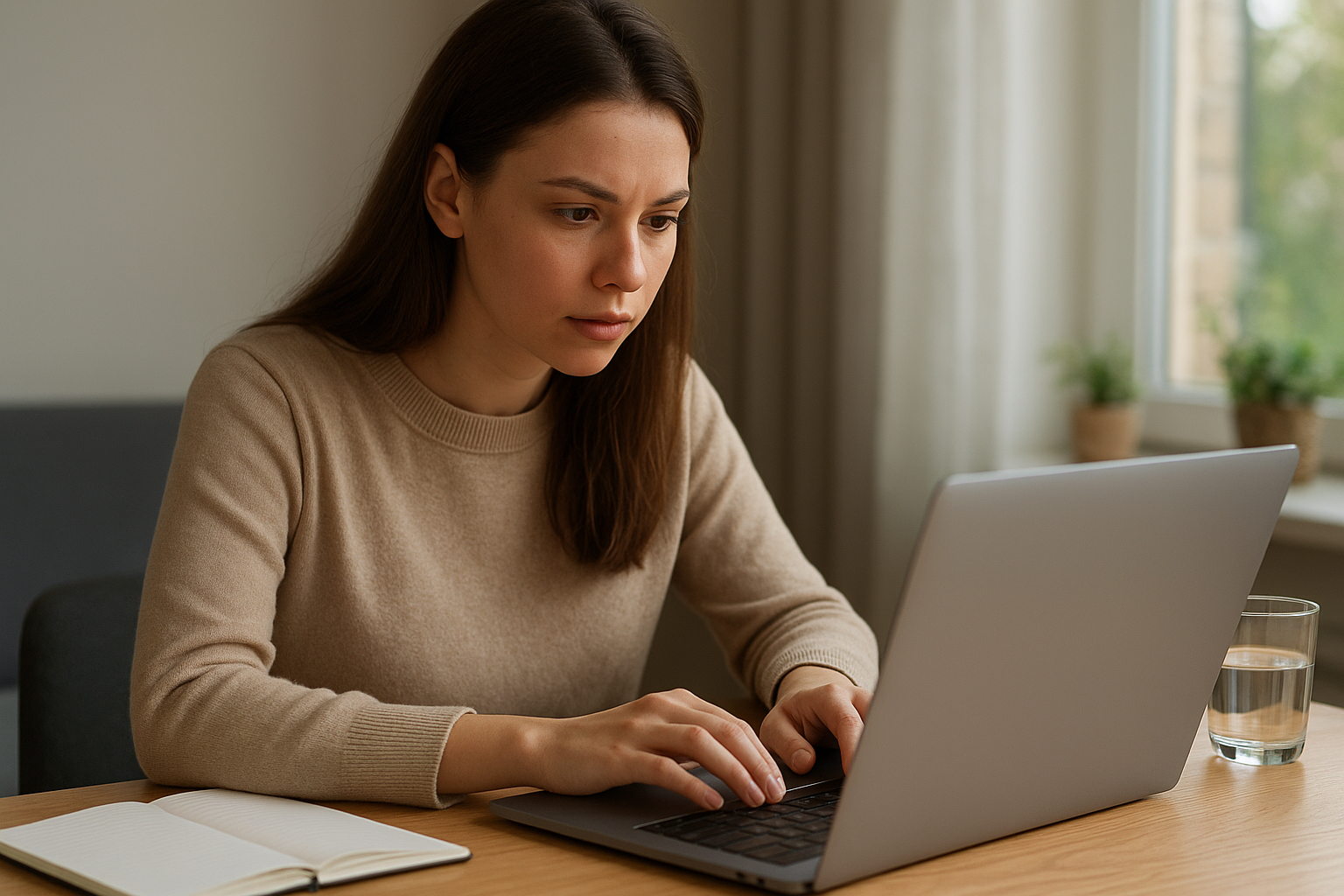 Egy fiatal nő koncentráltan dolgozik laptopján, jegyzetfüzettel az asztalon.