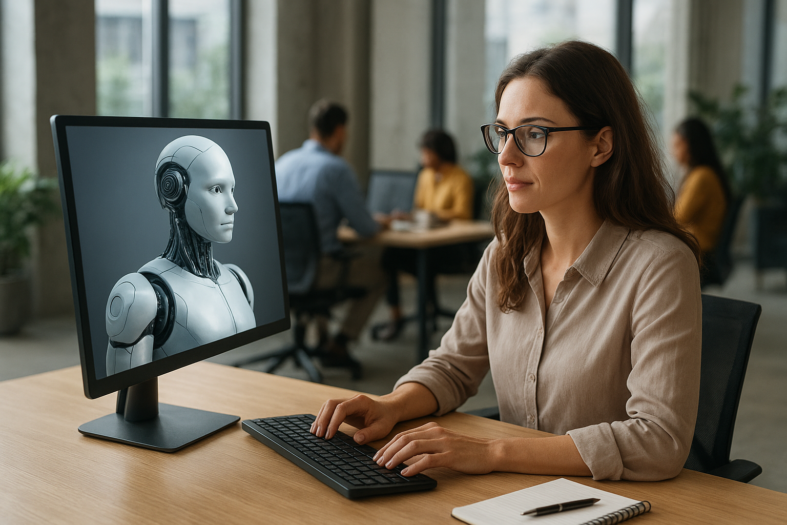 Egy nő számítógép előtt ül, amelyen egy humanoid robot arca látható.
