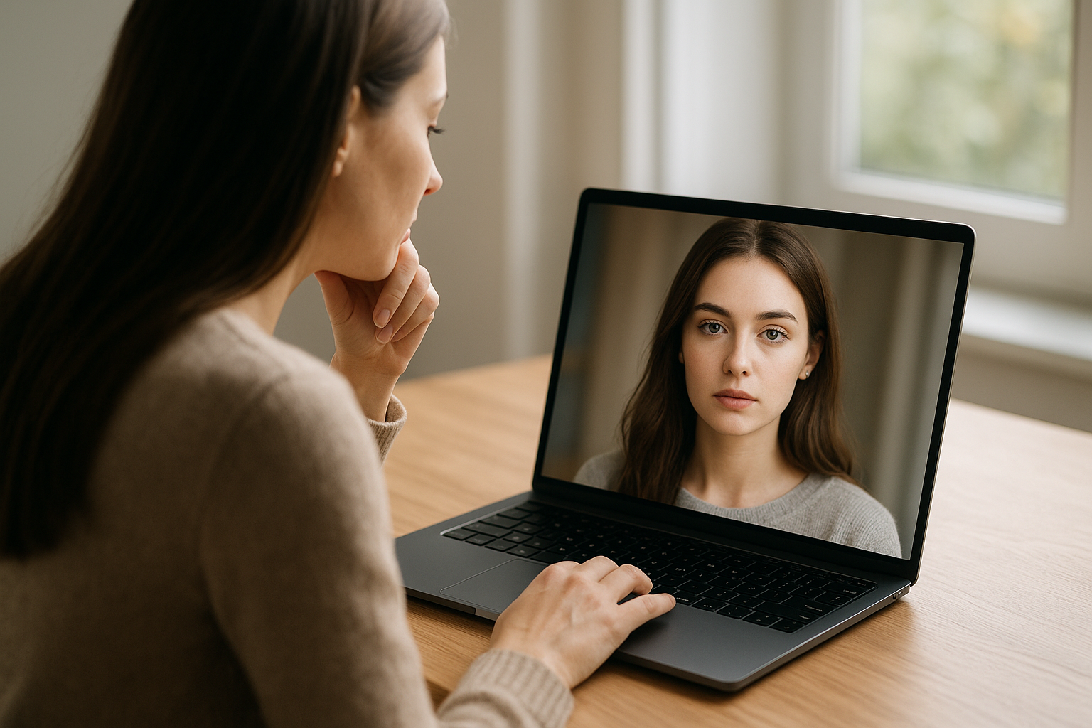 Egy nő figyelmesen nézi a laptopján megjelenő képet, amely egy másik nőt ábrázol.