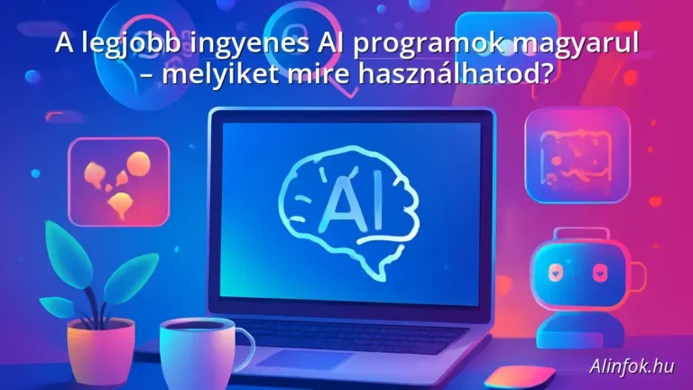 Digitális munkahely különböző AI eszközök ikonjaival, laptop előtt