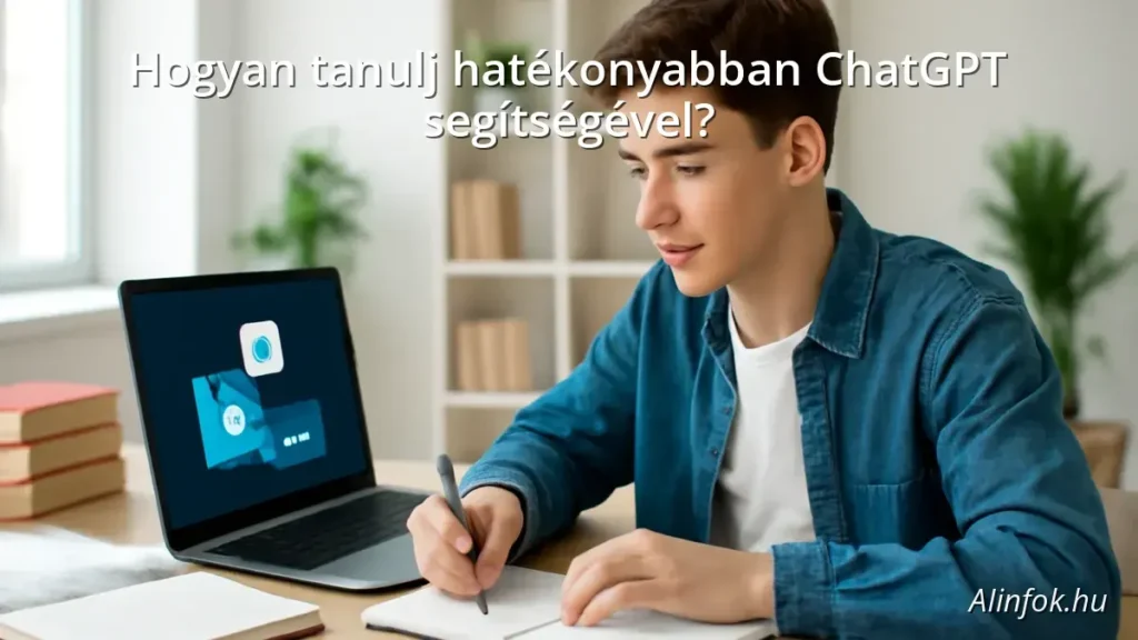 Diák tanul ChatGPT segítségével laptop előtt egy modern tanulókörnyezetben