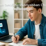 Diák tanul ChatGPT segítségével laptop előtt egy modern tanulókörnyezetben