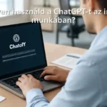 Office worker using ChatGPT on laptop in a modern office setting