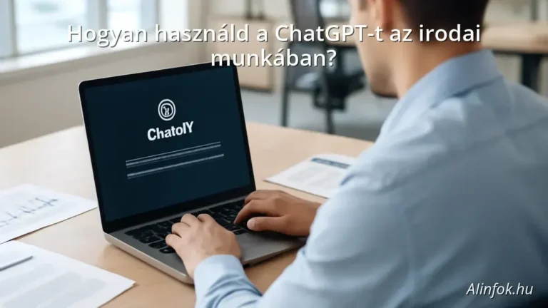 Office worker using ChatGPT on laptop in a modern office setting