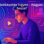 AI videókészítés ingyenes eszközökkel, laptopon dolgozó személy futurisztikus AI grafikákkal