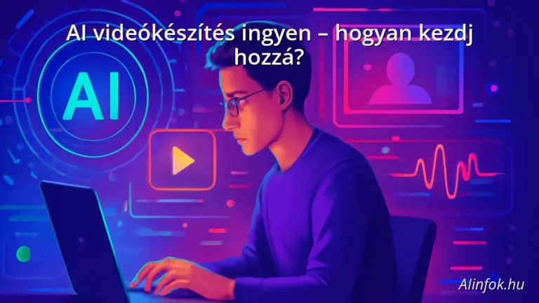 AI videókészítés ingyenes eszközökkel, laptopon dolgozó személy futurisztikus AI grafikákkal