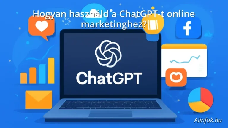 ChatGPT használata online marketingben laptopon, marketing ikonokkal körülvéve