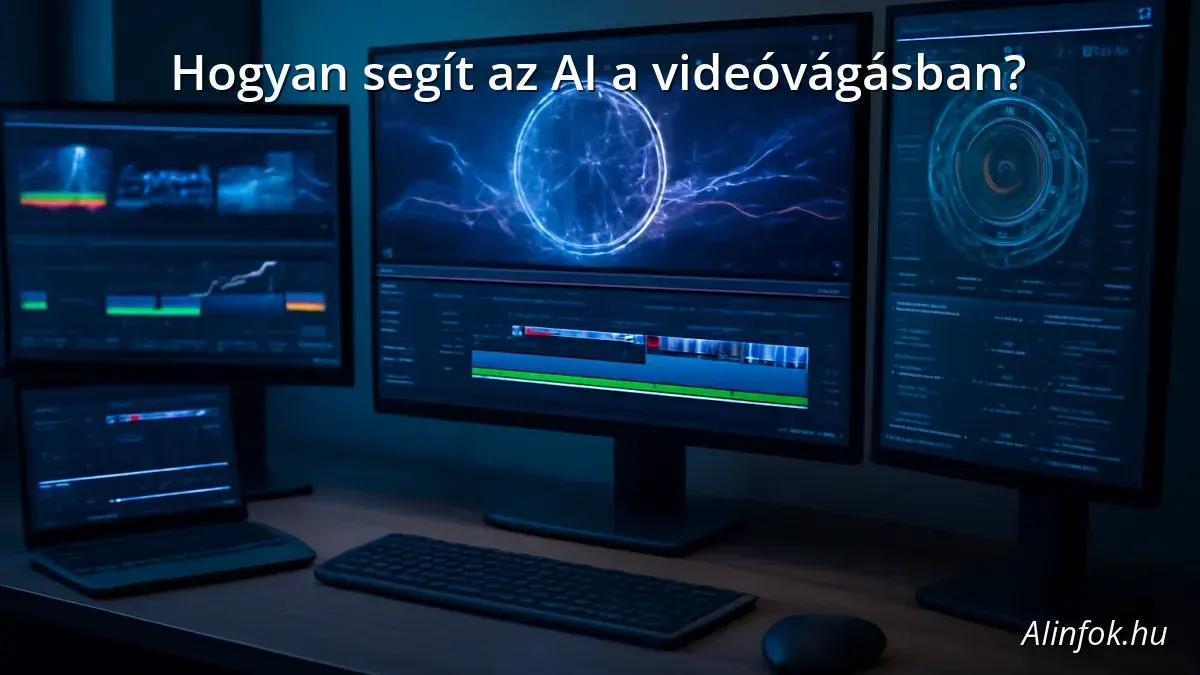 AI-assisted video editing workstation with multiple screens and creative tools